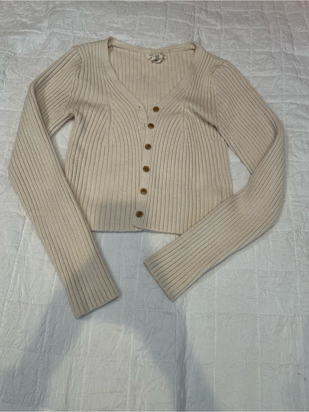 Cropped Ribbed V-Neck Button Cardigan - Cream